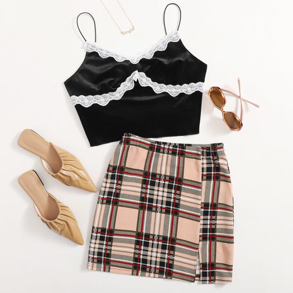 

Lace Panel Cami Top & Tartan Wrap Skirt Set, Multicolor