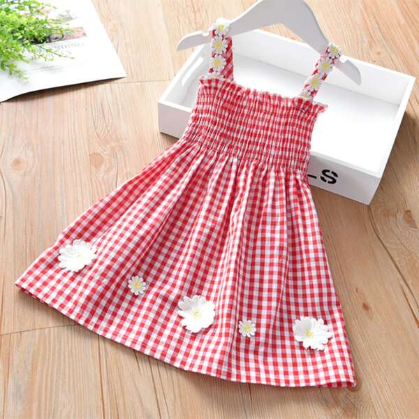 

Toddler Girls Gingham Appliques Shirred Cami Dress, Red and white