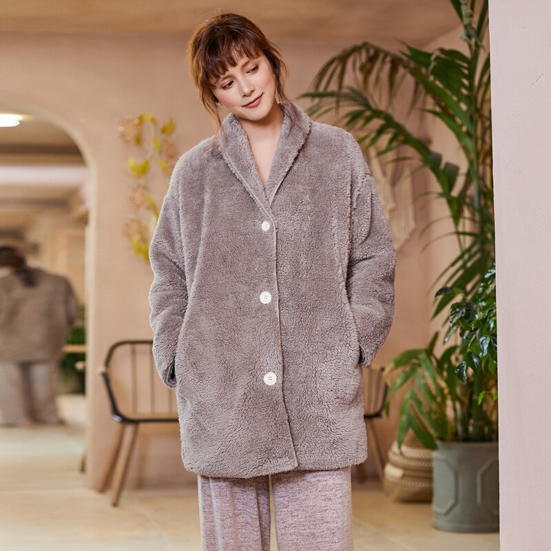 

1pc Single Button Shawl Collar Flannel Robe, Dusty purple
