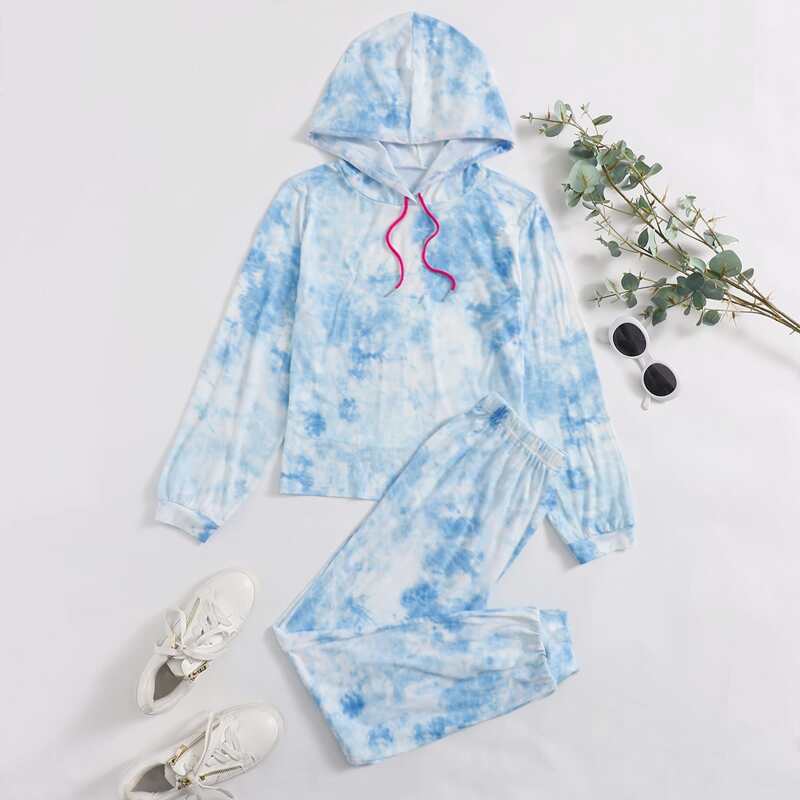 

Tie Dye Drawstring Hoodie & Pants Lounge Set, Baby blue