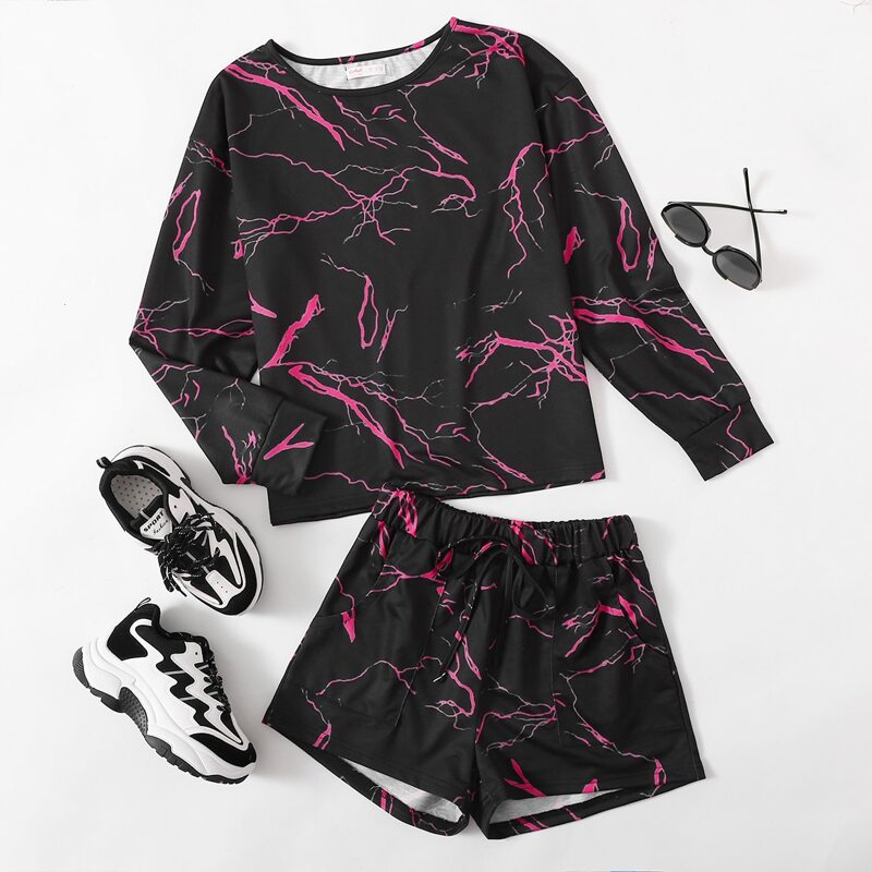 

Lightning Print Pocket Front PJ Set, Black