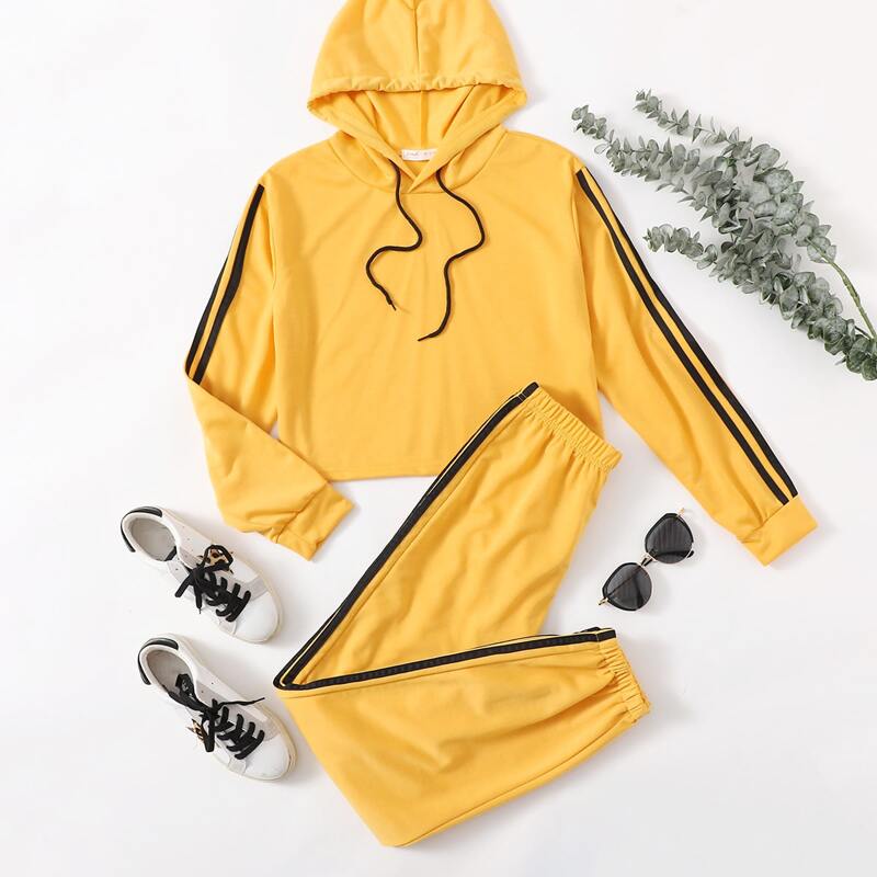 

Stripe Tape Drawstring Hoodie & Pants Lounge Set, Yellow