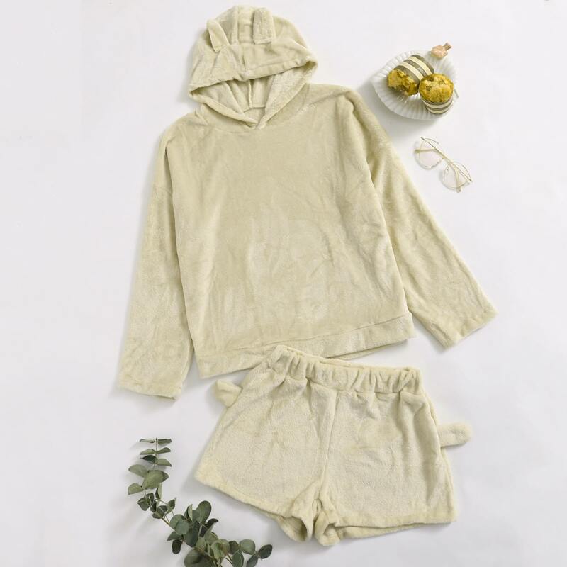 

3D Cartoon Ears Hoodie & Shorts PJ Set, Apricot