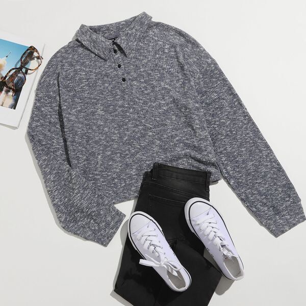 

Drop Shoulder Rib-knit Half Button Placket Tee, Grey