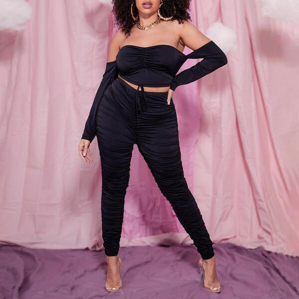 

Plus Off Shoulder Knot Detail Ruched Top and Leggings Set, Black