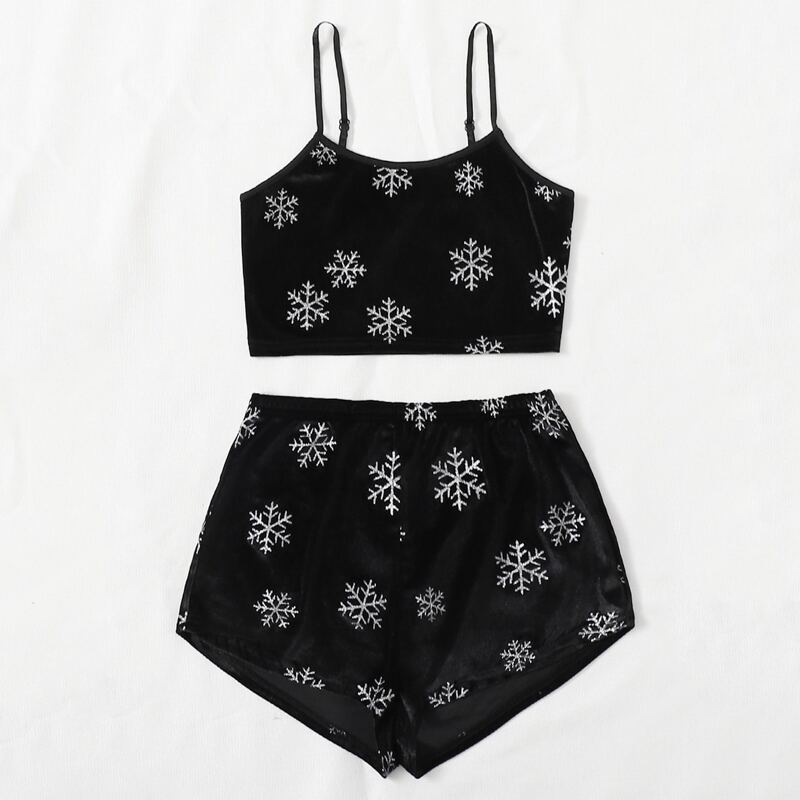 

Snowflake Velvet Cami & Shorts PJ Set, Black