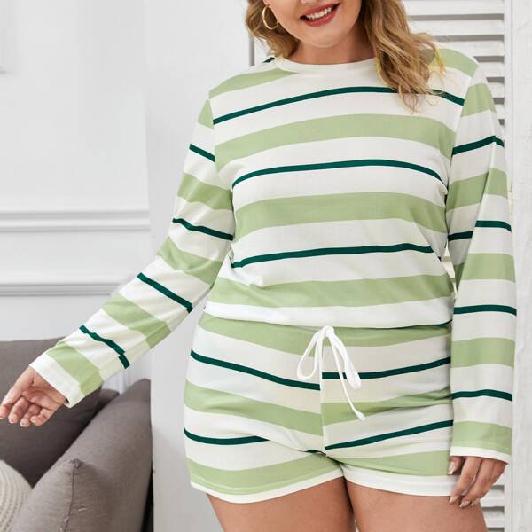 

Plus Striped Long Sleeve Pajama Set, Multicolor