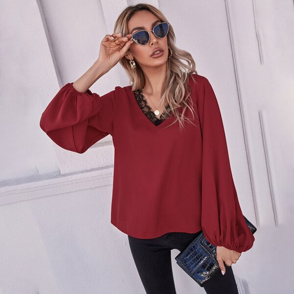

Lace Panel Lantern Sleeve Blouse, Rose red