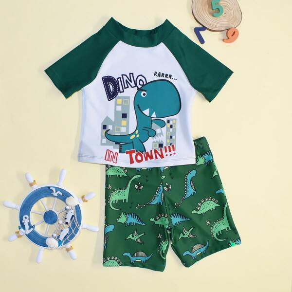 

Toddler Boys Cartoon Dinosaur Print Swimsuit, Green
