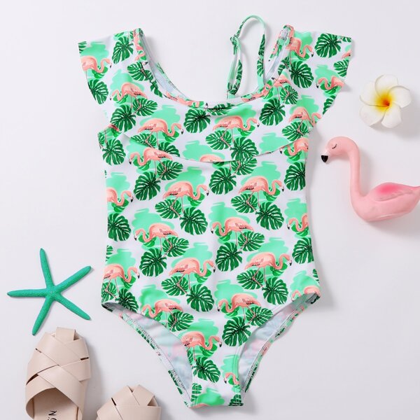 

Girls Tropical & Flamingo Ruffle One Piece Swimsuit, Green