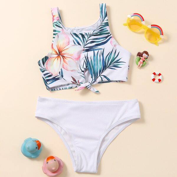 

Girls Floral & Tropical Knot Hem Bikini Swimsuit, Multicolor