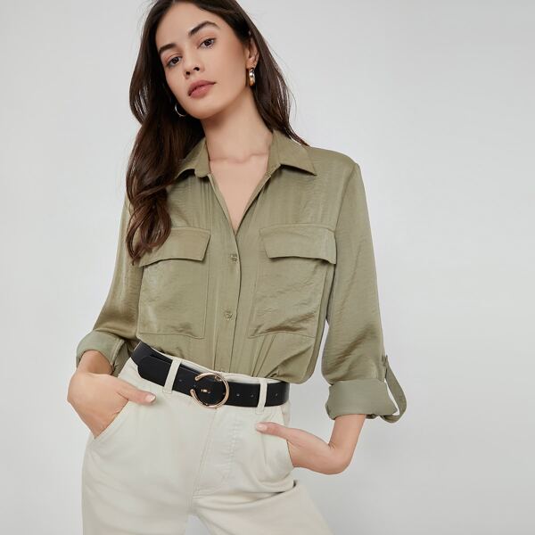 

Flap Pocket Roll Tab Sleeve Blouse, Army green