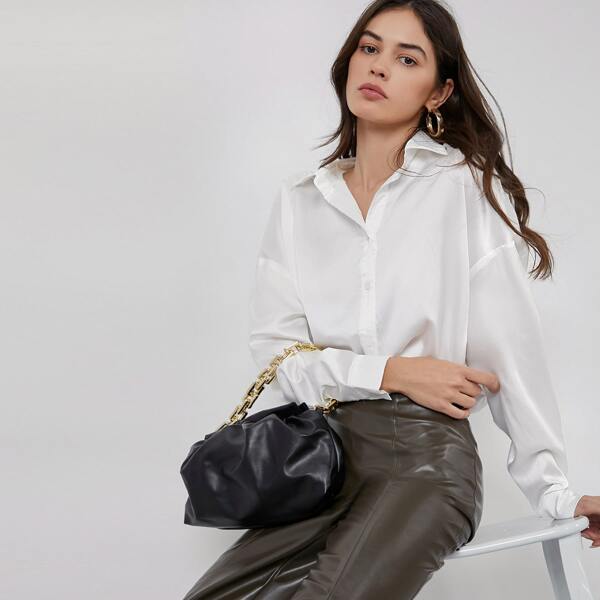 

Single Breasted Drop Shoulder Satin Blouse, White