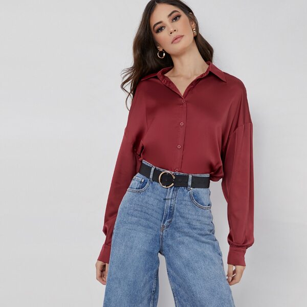 

Single Breasted Drop Shoulder Satin Blouse, Burgundy