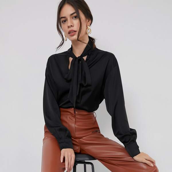 

Tie Neck Drop Shoulder Satin Top, Black