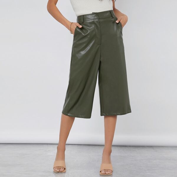 

PU Leather Knee Length Pants, Army green