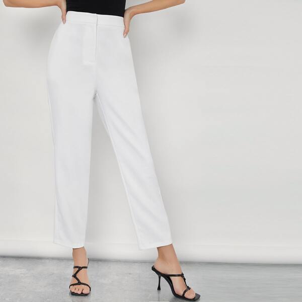 

Zipper Waist Solid Tailored Pants, White