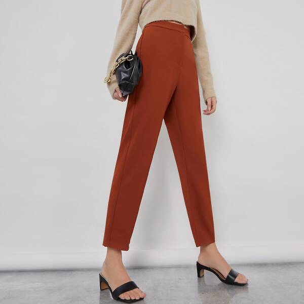 

Zipper Waist Solid Tailored Pants, Rust brown