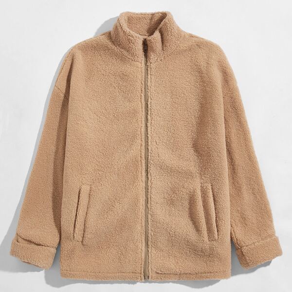 

Men Zipper Front Teddy Jacket, Camel