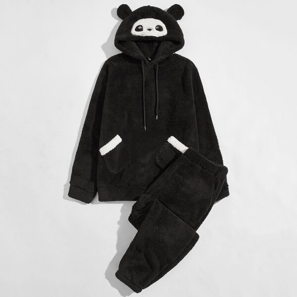 

Men 3D Panda Ear Design Teddy Hoodie & Pants PJ Set, Black