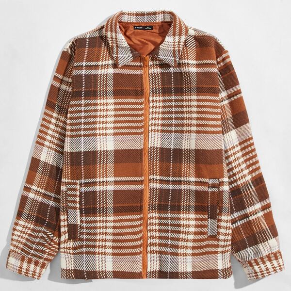 

Men Collared Zip Up Plaid Coat, Multicolor