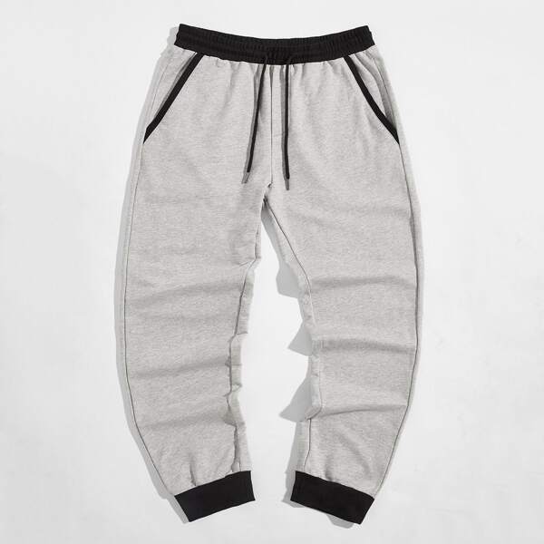 

Men Drawstring Waist Contrast Trim Joggers, Grey