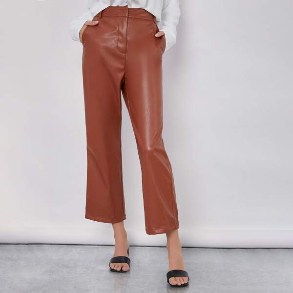 

Straight Leg PU Leather Crop Pants Without Belt, Rust brown