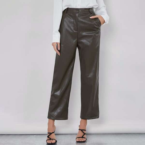 

Straight Leg PU Leather Crop Pants, Dark grey
