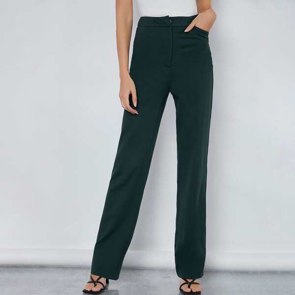 

Solid Straight Leg Pants, Dark green