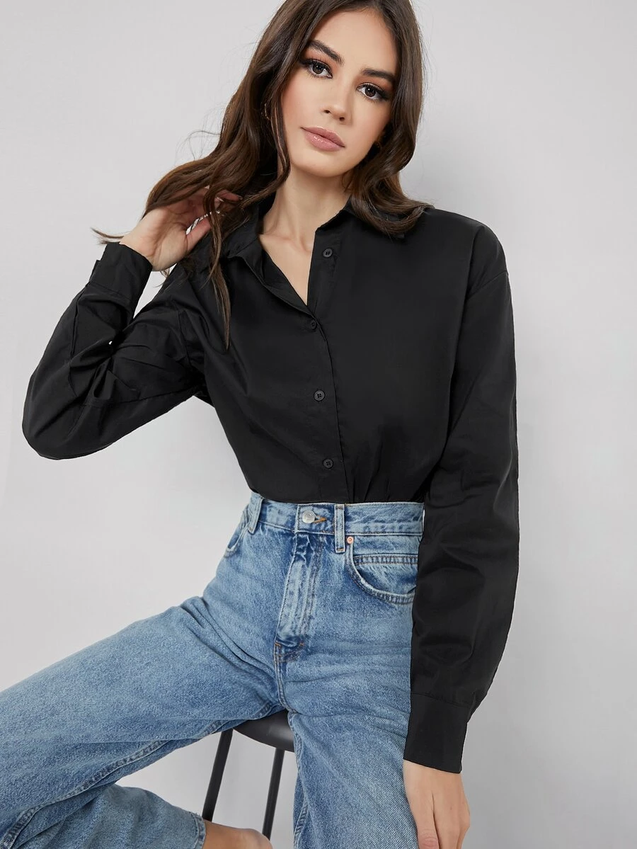 SHEIN BASICS Cotton Single Breasted Fold Pleated Back Blouse - Black - View 1