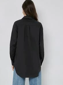 SHEIN BASICS Cotton Single Breasted Fold Pleated Back Blouse - Black - View 2