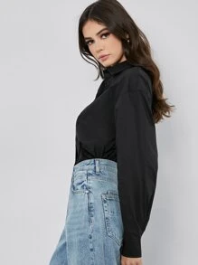 SHEIN BASICS Cotton Single Breasted Fold Pleated Back Blouse - Black - View 3