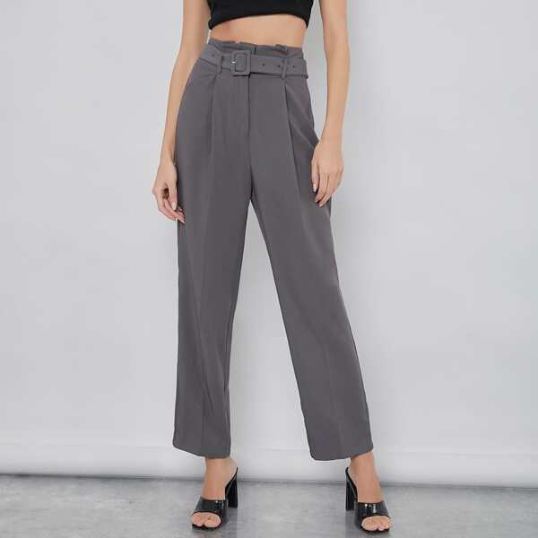 

Solid Belted Straight Leg Crop Pants, Grey