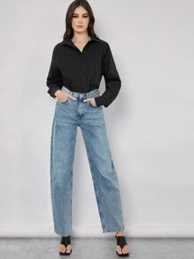 SHEIN BASICS Cotton Single Breasted Fold Pleated Back Blouse - Black - View 5