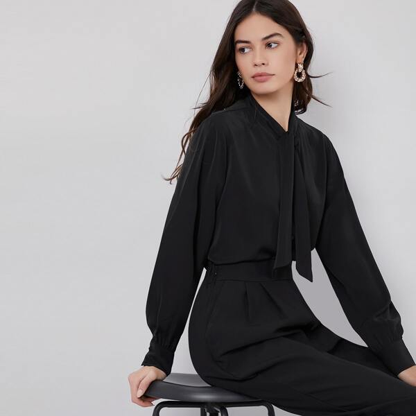 

Tie Neck Solid Blouse, Black