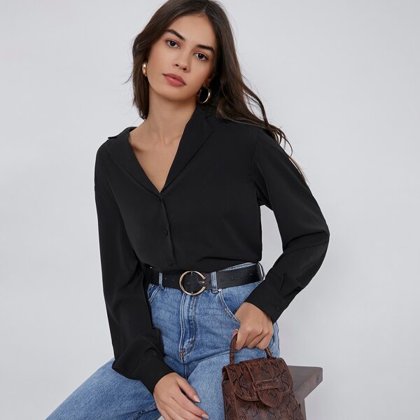 

Notched Collar Single Breasted Blouse, Black
