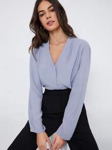 BizChic Fold Pleated Back Solid Top - Dusty Blue - View 1
