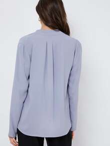 BizChic Fold Pleated Back Solid Top - Dusty Blue - View 2