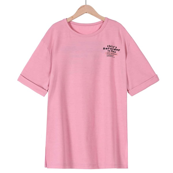 

Plus Slogan Graphic Split Hem Tee, Baby pink
