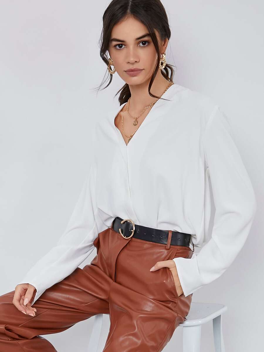 SHEIN BASICS Fold Pleated Back Solid Top - White - View 1