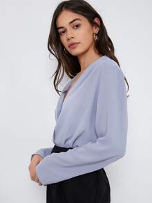 BizChic Fold Pleated Back Solid Top - Dusty Blue - View 3