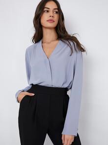BizChic Fold Pleated Back Solid Top - Dusty Blue - View 4