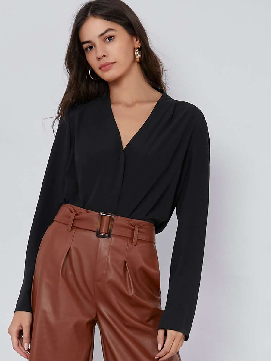 BizChic Fold Pleated Back Solid Top - Black - View 1