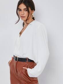 SHEIN BASICS Fold Pleated Back Solid Top - White - View 3