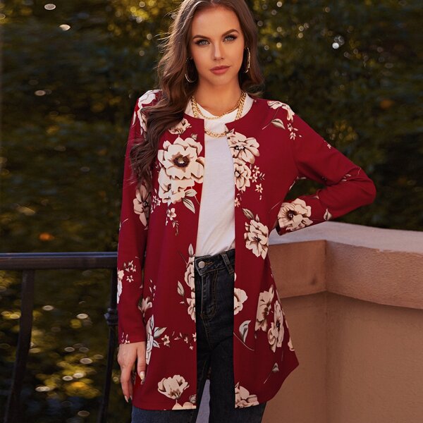 

Floral Print Open Front Coat, Burgundy