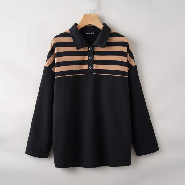 

Striped Drop Shoulder Button Tee, Black