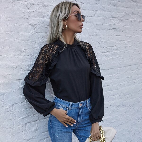 

Contrast Lace Ruffle Mock Neck Blouse, Black
