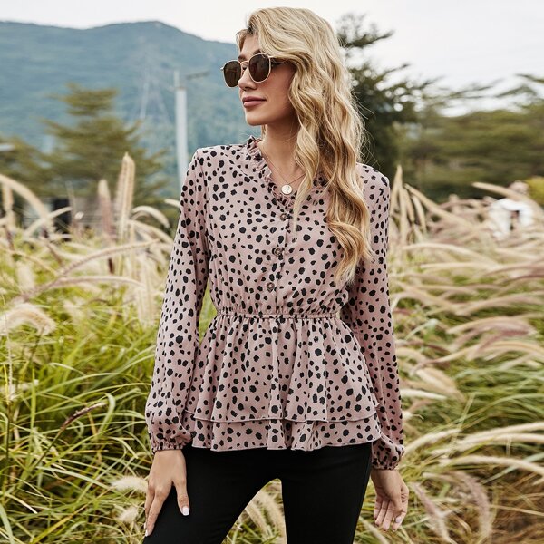 

Dalmatian Print Frill Layered Ruffle Blouse, Dusty pink