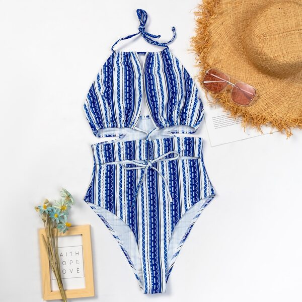 

Allover Graphic Cut-out One Piece Swimsuit, Blue and white