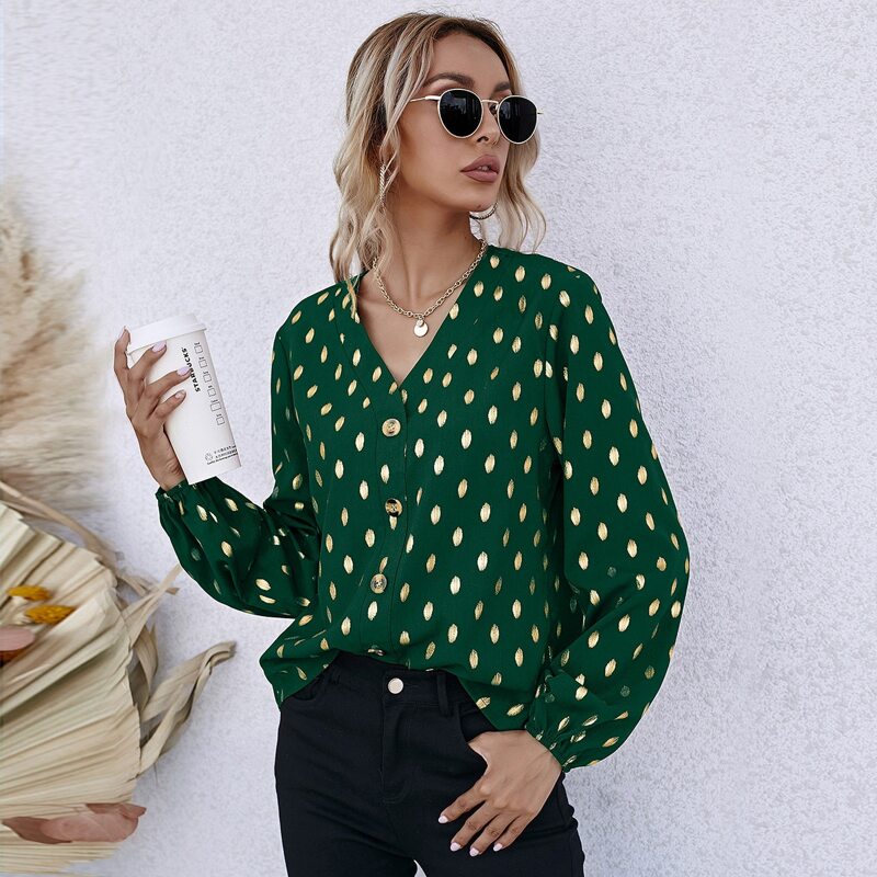 

Button Front Gold Dot Print Blouse, Green